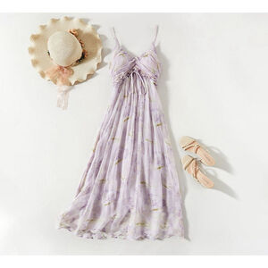 Light Purple Silk Dress Printed Pattern XS-S REAL SILK LIFE Chest 36